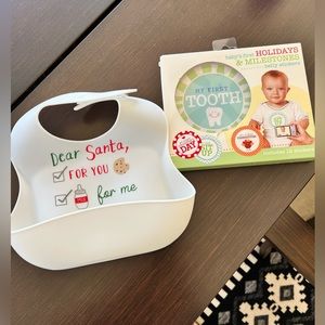 Brand new silicone bib (mud pie) and box of brand new milestone markers